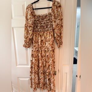 Work 3 times moon river Smocked Tiered Midi Dress in Leaf Print - Women